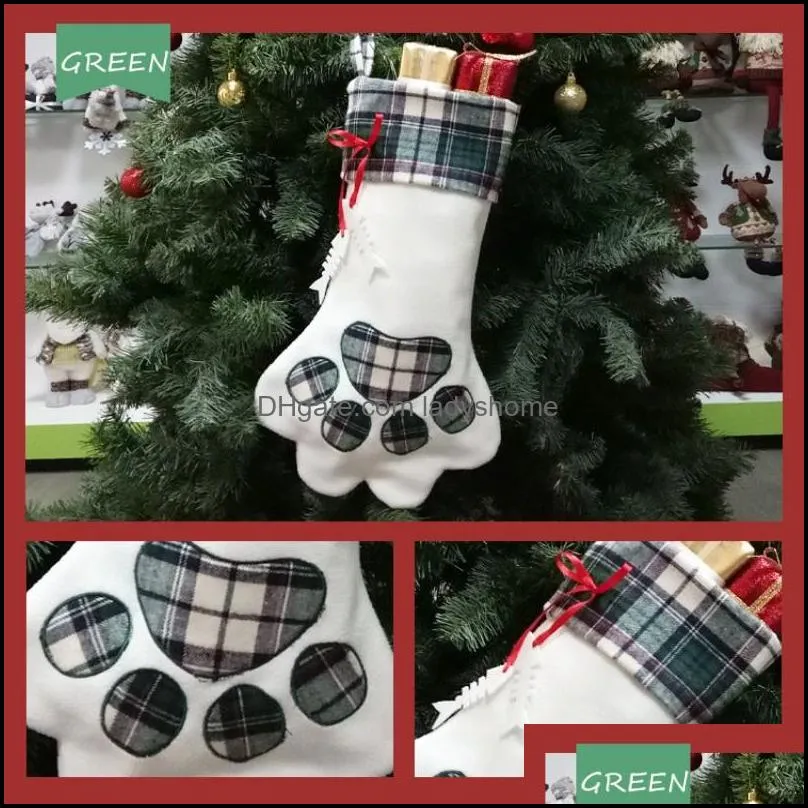 Christmas Stocking Monogrammed Pet Dog Paw Gift Bag Plaid Xmas Stockings Christmas Tree Ornaments Decorations Party Decor HWB8886