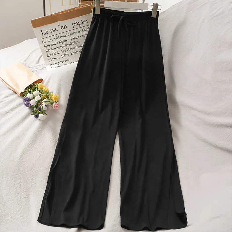 Hong Kong Style Retro Loose Slimming Thin Knitted Slit Wide Leg Pants for Women 2021 Summer Drawstring Lace High Waist Straight Y0811