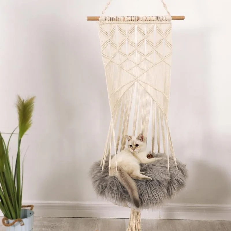 Gato balanço hammock boho estilo gaiola cama artesanal pendurado cadeira de sono assentos tassel gatos brinquedo jogar algodão corda animais de estimação casa