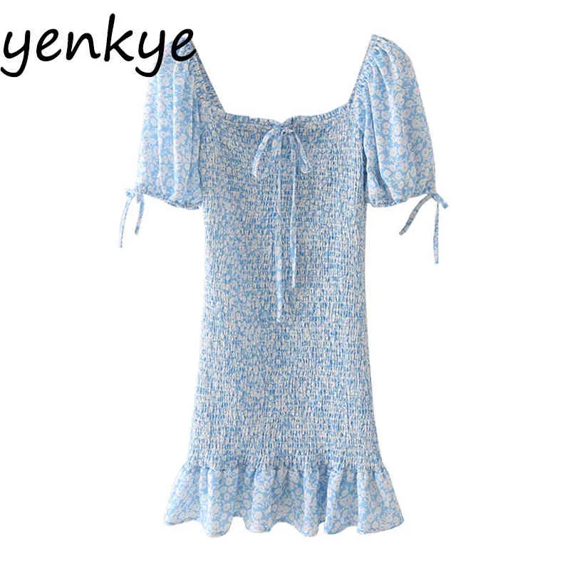 Blue Floral Elastyczna Sukienka Kobiety Sexy Square Neck Krótki Rękaw Bodycon Słodkie Damskie Letnie Wakacyjne Party Vestido 210430