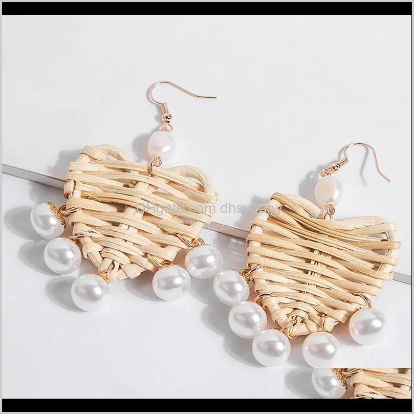 korea handmade bamboo pearl tassel drop earring for women straw weave rattan vine braid fringe earringbeach jewelry gift