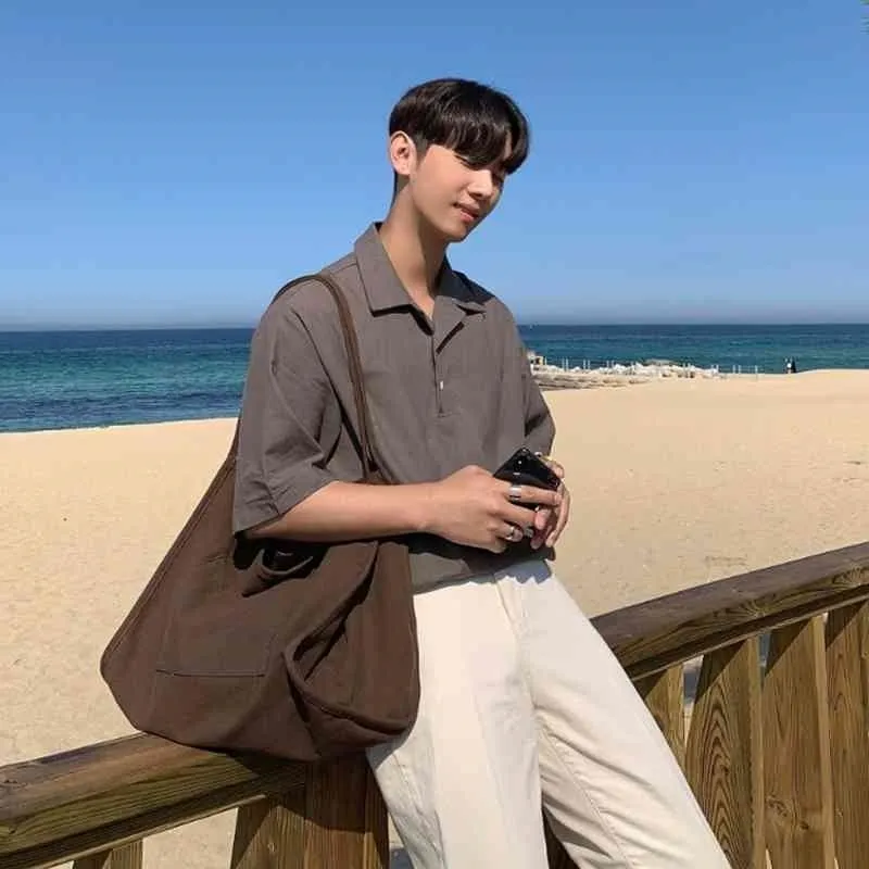 IEFB / abbigliamento da uomo estivo coreano t-shirt a maniche corte moda bello cotone e lino casual top con colletto rovesciato 9Y2253 210410