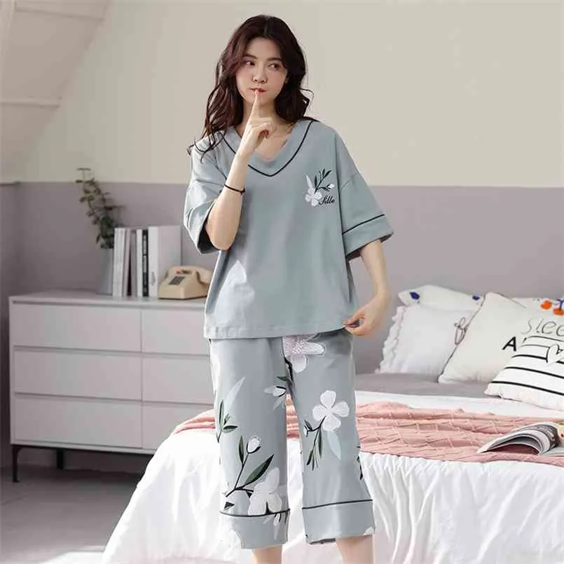 Stor storlek M-5XL Kvinnor Kortärmad Pyjamas Set Lounge Bomull SleepWear Girls Loose HomeWear 210809