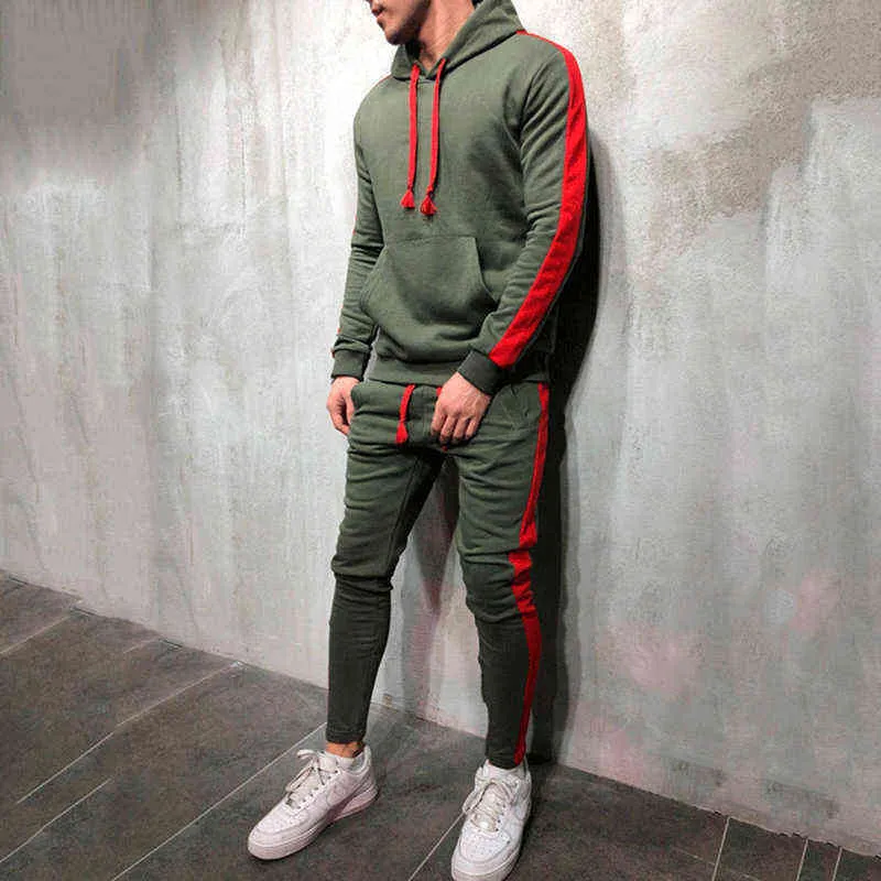 2 peças conjuntos de tracksuit homens nova marca outono inverno moletom moletom + cordão calças masculinas listra patchwork hoodies bigsweety g1217