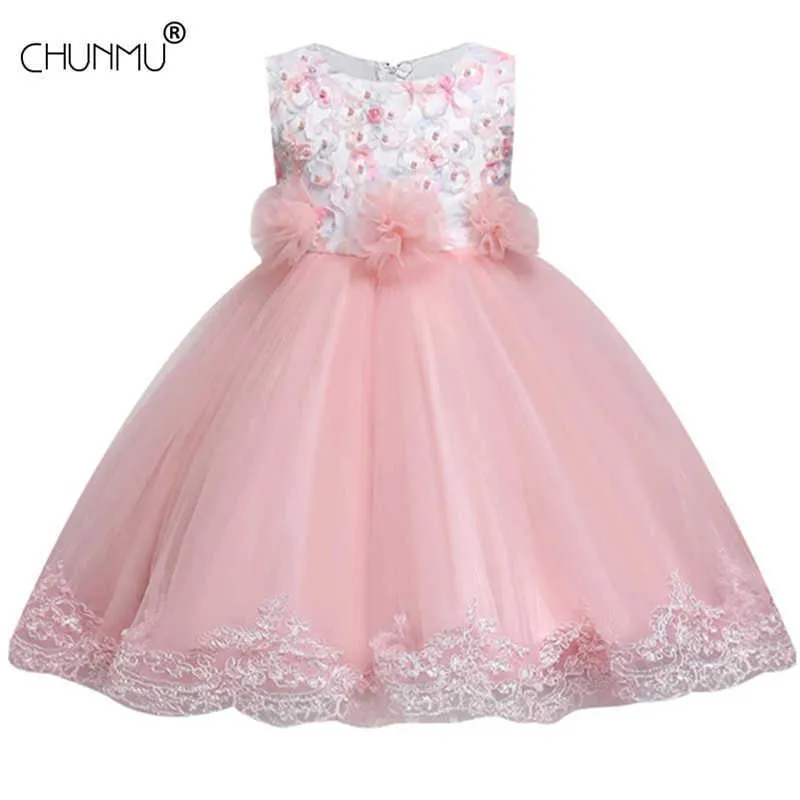 Baby Girl 3D Flower Silk Princess Dress for Wedding Party Big Bow Tutu Kids Klänningar För Toddler Tjej Barn Mode Kläder Q0716