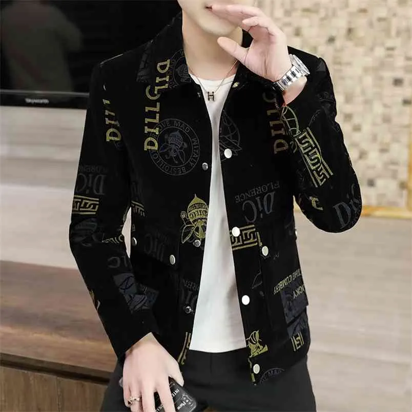 Spring Corduroy Letter Printed Jackets Män Casual Business Coats Luxury Retro Turn Down Collar Bomber Jacket Streetwear Topp 210811