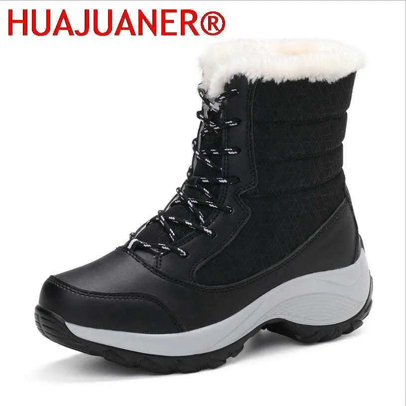 Huajuanerレディースシューズ冬のブーツ女性暖かいスノーブーツ冬の女性は暖かい靴を保つ女性ミッドカーフプラットフォームブーツY1018
