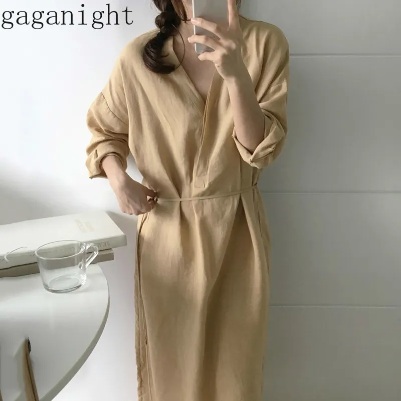 Gaganightカジュアル特大の女性のシャツのドレス長袖Vネックファッション韓国の春のオフィスレディシックなドレスマキシvestidos 210519