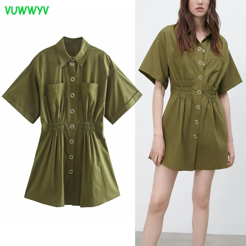 Summer Green Ruched Shirt Woman Dress Casual Front Snap Button Mini Dresses for Women Short Sleeve Pockets Vestidos 210430