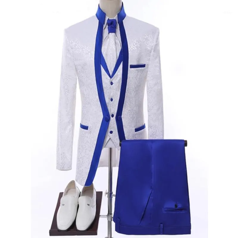 Roupas de palco de aro azul real branco para homens terno conjunto ternos de casamento masculino fantasia noivo smoking formal (jaqueta + calça + colete + gravata blazers masculinos