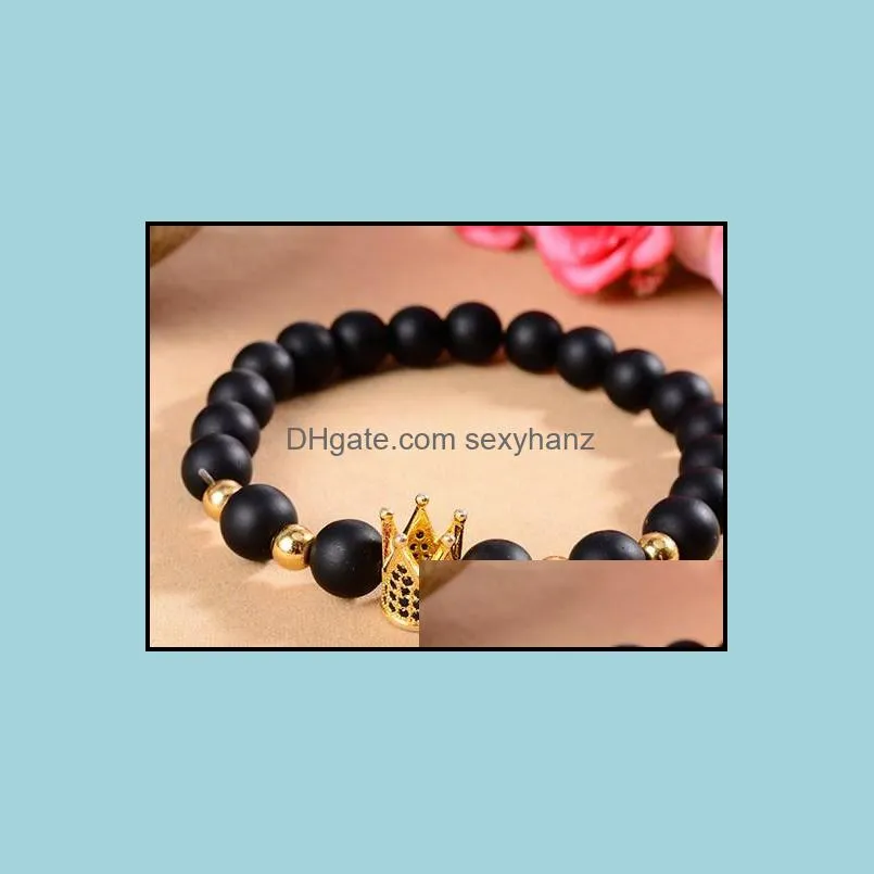 8mm yn33 gold silver crown Frosted agate Onyx nature black stone a micro pave cz zircon cubic zirconia Bracelet Reiki Chakra