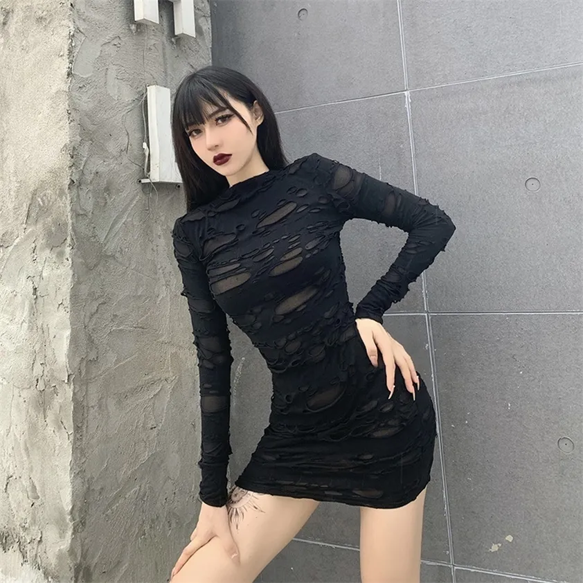 Helisopus Gothic Black Mini Dress Streetwear Rock Punk Hollow Retro High Waist Long Sleeve Bodycon Party Dresses 220215