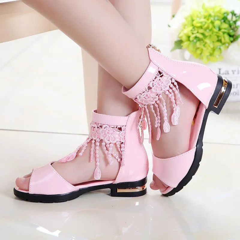 9 10 12 lat dzieci Sandały Dzieci Dziewczyny Lato Cute Plaża 2021 Princess Moda High Heels Tassel School Shoes