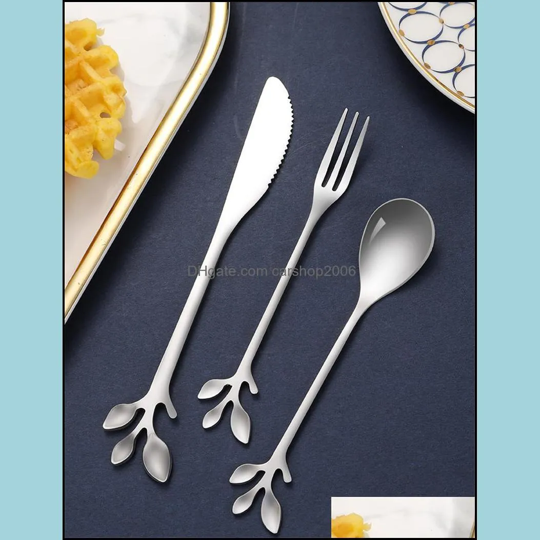 Stainless Steel Knife Fork Spoon Creative Branch Leaves Coffee Stirring Spoons Dessert Fork Kitchen Accessories Tableware JK2005XB