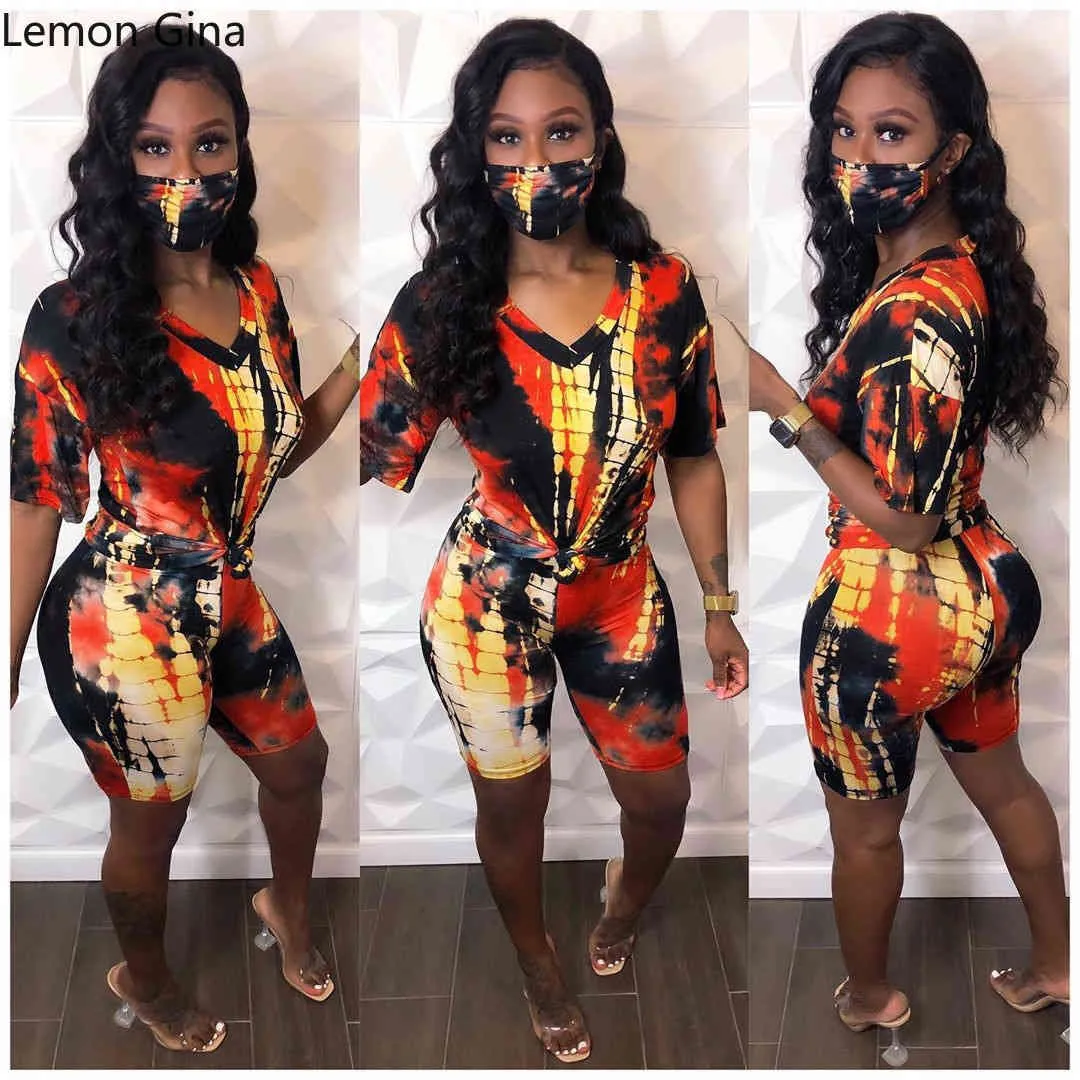 Lemon Gina Tie Dye Print With Masks Women 3 Pieces Sets Tracksuits V-neck T-shirt Shorts Suit Fitness Sport Outfits Matching Set X0428