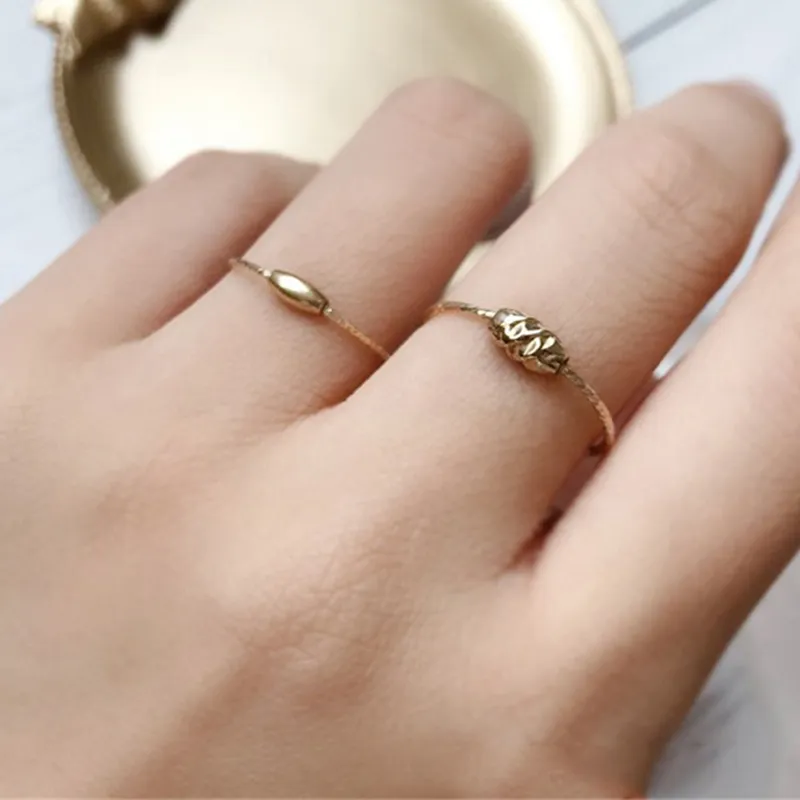 ラッキービーズリング14KゴールドフルナックルリングMujer Bague Femme手作りミニマリズムジュエリー