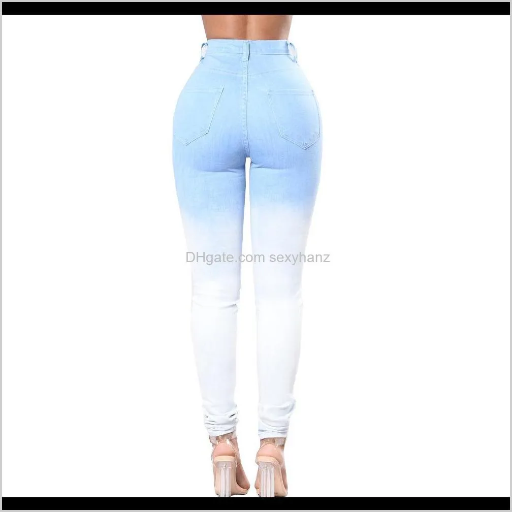 autumn jeans blue and white gradient color sexy high waist feet jeans women tight bag hip trousers