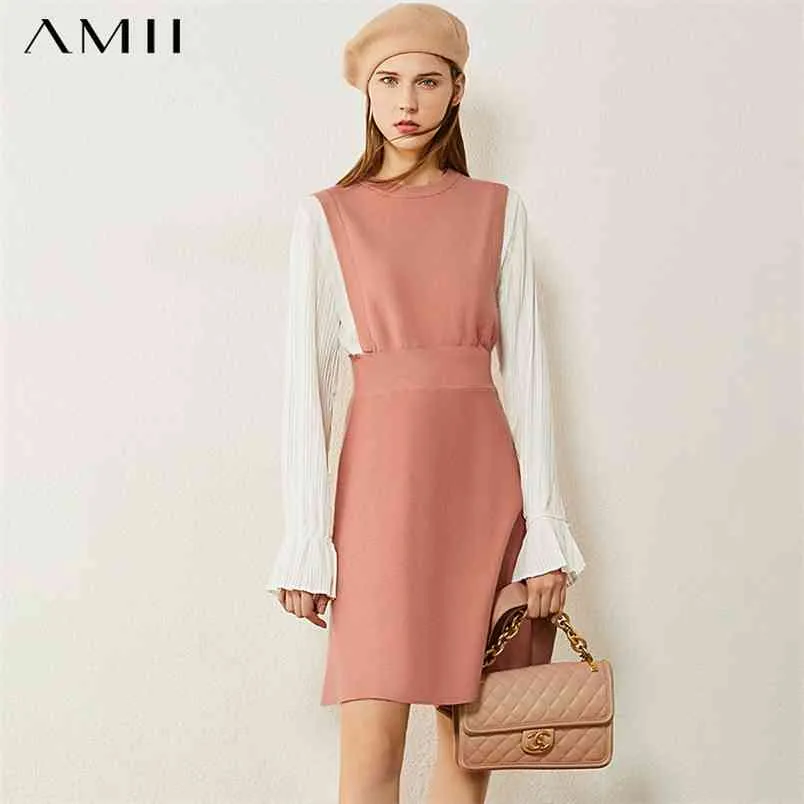 Minimalism Autumn Women's Dress Fashion French Style Oneck Patchwork High Waist Knee-length Dresses For Women 12030479 210527