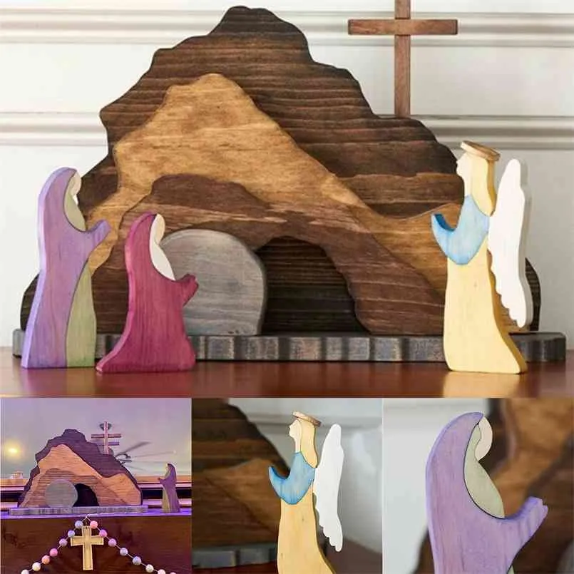 Scène de résurrection de Pâques Décoration en bois Croix Nativité Set Home 210804