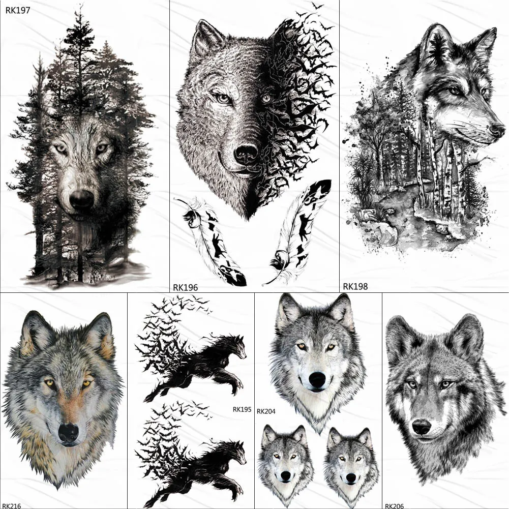 Czarny wilk las pióro tatuaże tymczasowe naklejki drzewo Fierce zwierząt fałszywy tatuaż dla mężczyzn ciała sztuki niestandardowe tatuaże