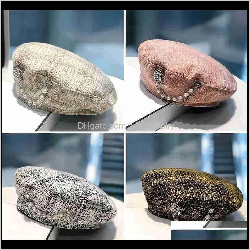 2020 fashion pearl rhinestone plaid wool beret women winter hat women flat top knitted cashmere hat beret