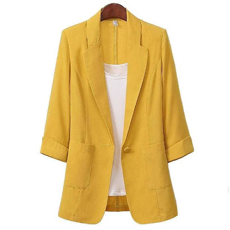 Mode-missky vrouwen blazers effen kleur zomer lente jas katoen linnen medium lange losse pak jas vrouwelijke tops nieuw