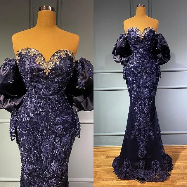 2021 Plus Storlek Arabisk Aso Ebi Lyxig Lace Beaded Prom Klänningar Memraid Sexig Navy Blå Kväll Formell Party Andra Reception Gäster Klänningar ZJ329