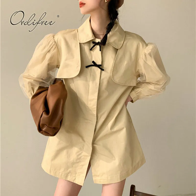 Primavera otoño mujer Vintage camisa corta manga larga tul solo pecho suelta moda fiesta Mini vestido 210415