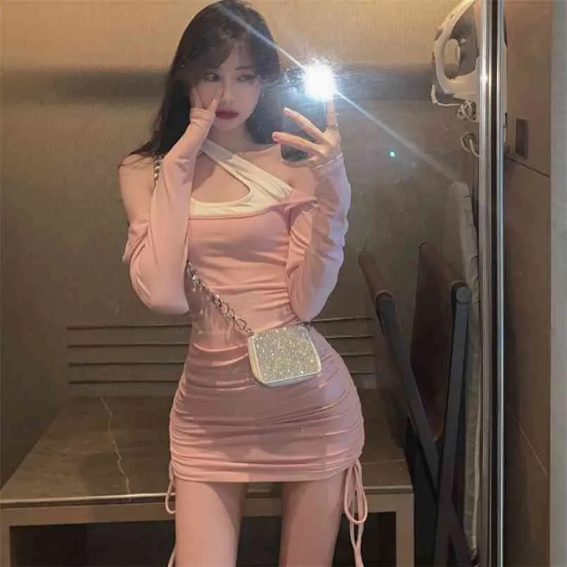 Fake Two Piece Dress Women's Fall Long Sleeve Tight Wrap Hip Style Sexy with Bottom 210529