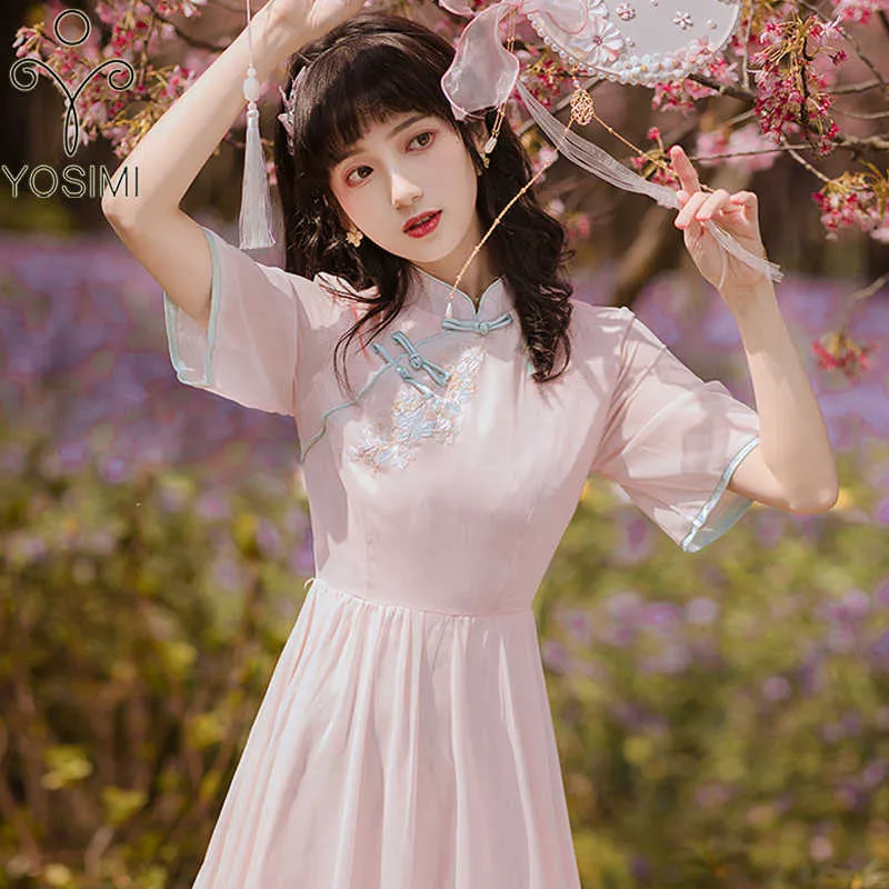 Yosimi vrouwen jurk elegante zomer chinese stijl cheongsam borduurwerk voile korte mouw midden-kalf roze partij chiffon 210604