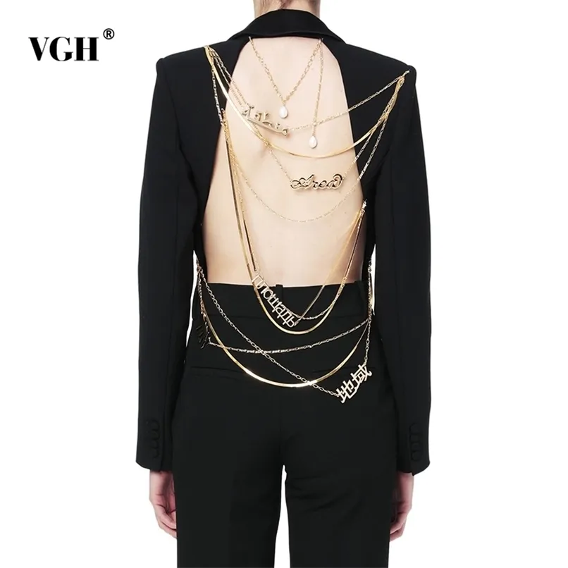 VGH Asymmetric Blazer For Women Notched Collar Long Sleeve Backless Sequined Chains Designer Coats Female Fashion 210930