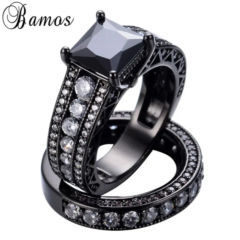 Pierścionki ślubne Bamos romantyczny czarny biały cyrkon Zestawy pierścieniowe dla par par wypełnionych złotym imprezą Miłość ANILLOS RB01502079