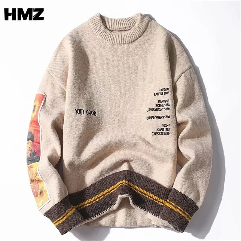 HMZヴァンゴッホスリーブパッチワークプルオーバーニットセーターメンズヒップホップ刺繍プルオーバークルーネックニットウェアセーターストリートウェアトップ220303