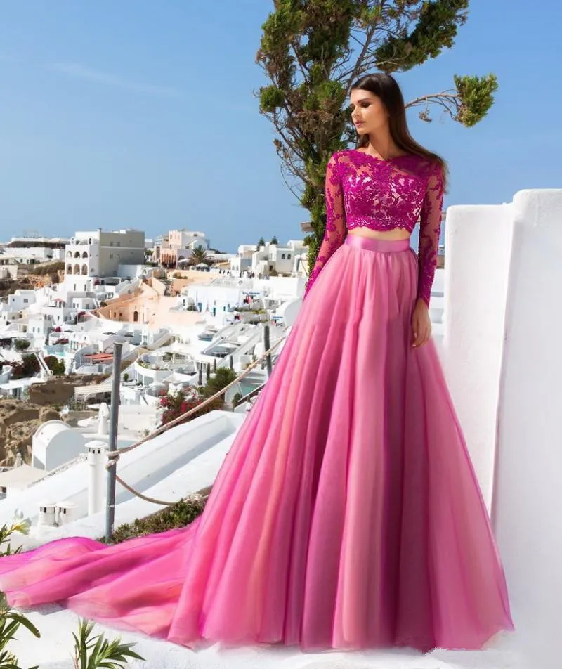 Zweiteilige Fuchsia-Abschlussballkleider für Mädchen, Spitze, lange Ärmel, Tüll, A-Linie, süßes 16. Geburtstags-Quinceanera-Kleid, applizierte Juwelenausschnitt-Abendpartykleider