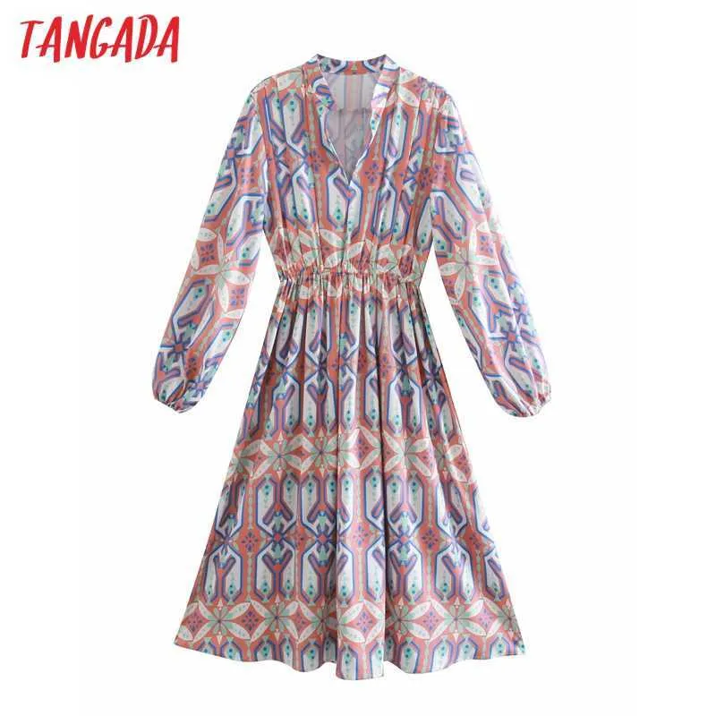 Tangada primavera moda mujer geometría impresión camisa vestido manga larga cintura Strethy Oficina señoras Midi vestido 2W76 210609