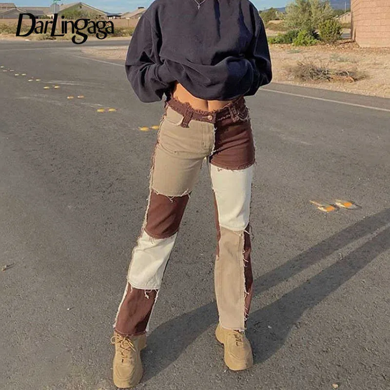 Darlingaga Streetwear Patchwork Tassel Woman Dżinsy Proste Casual Contrast Color Długie Dżnowe Spodnie Vintage Jeanse Jeans Slim H0908