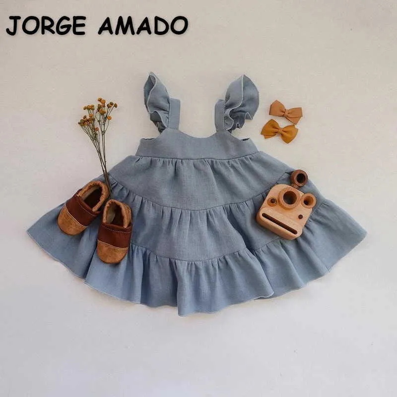 Atacado verão menina vestido sem mangas colete cor sólida Ruffles princesa estilo bonito crianças roupas e718 210610