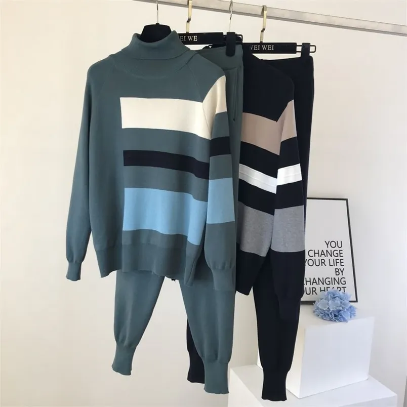 High Quality Two Piece Set Women Knitted Tracksuits Turtleneck Pullover Sweater + Trousers 2 Sets Outfits Pants Suits 210514