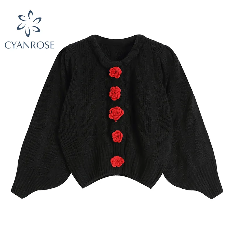 Black Long Sleeve Crop Knitwear Women Flower Button Retro Sweater Spring Loose Leisure Elegant Ulzzang Y2K Knitted Top Lady 210417