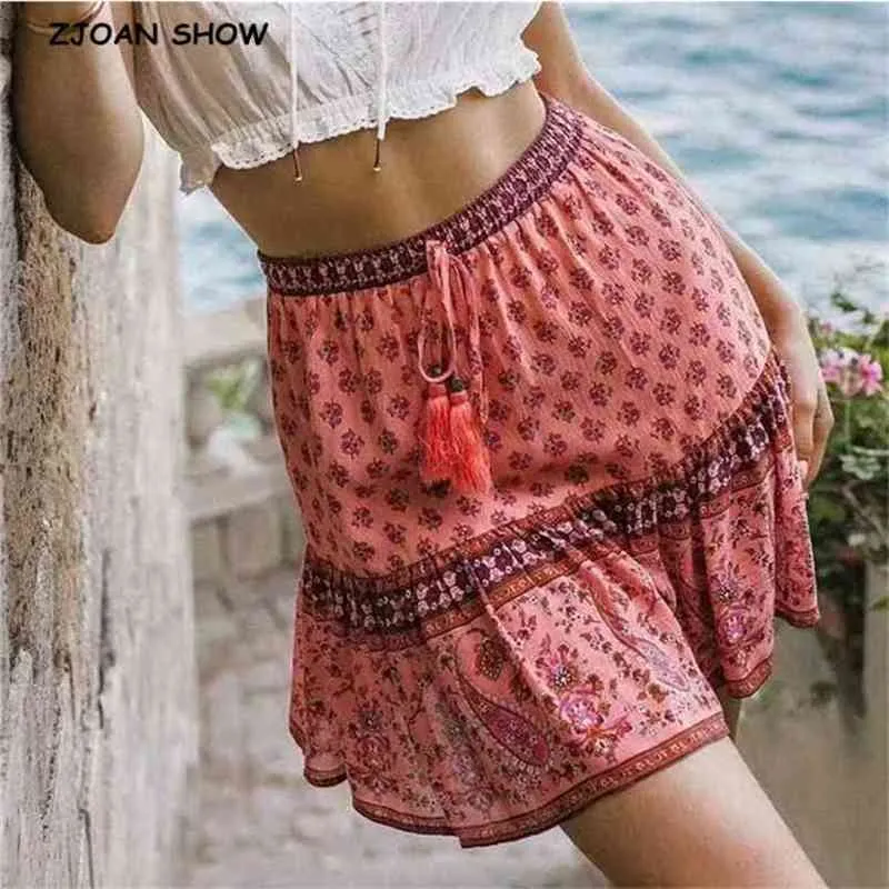 Minigonne a trapezio con stampa ciliegia bohémien Rayon con volant a pieghe Ragazze Vacanze al mare Boho 210429