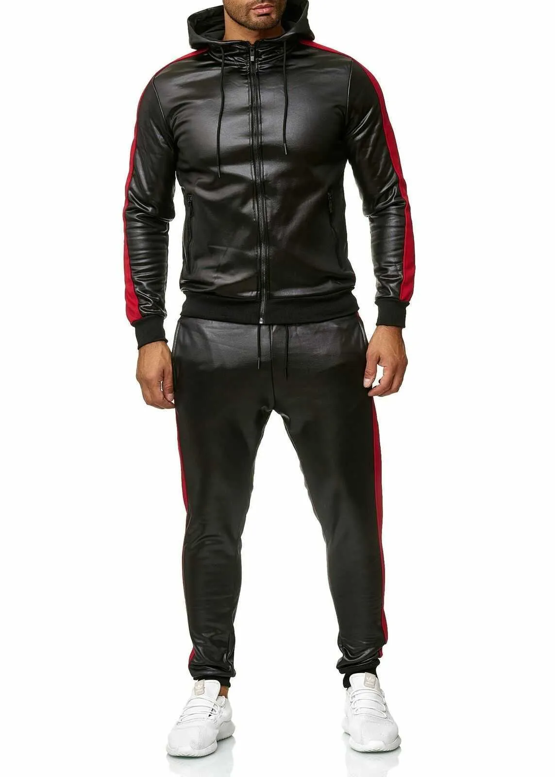 Nouveaux hommes en cuir PU hiver survêtements hommes ensemble épaissir sweats à capuche + pantalon costume hiver décontracté survêtement homme à capuche sport costume Y0831