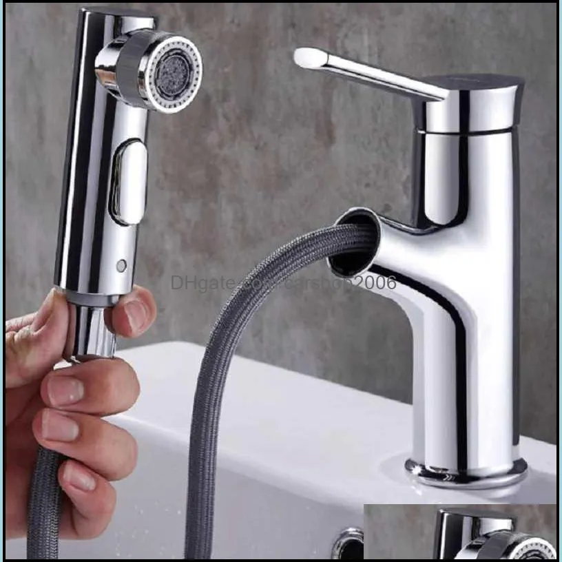 Bathroom Sink Faucets Pull Out Basin Faucet Rinser Sprayer Gargle Brushing 3 Mode Mixer Tap Cold & Faucet1