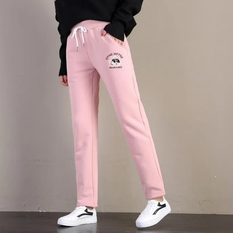 Hiver épais chaud laine polaire pantalons de survêtement femmes taille élastique cordon de serrage baggy droit jogger lâche sport entraînement pantalon femme pan