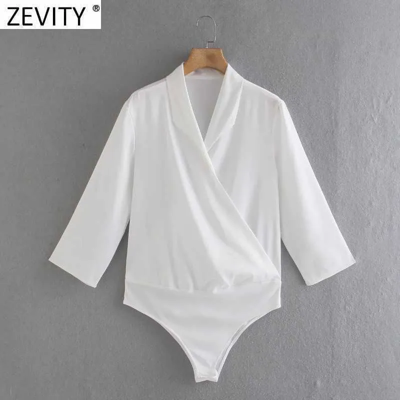 Zevity Women Vintage Cross V Neck Soft Satin Bodysuits Office Ladies Office Wear Patchwork Siamese Chic Slim Rompers DS8211 210603