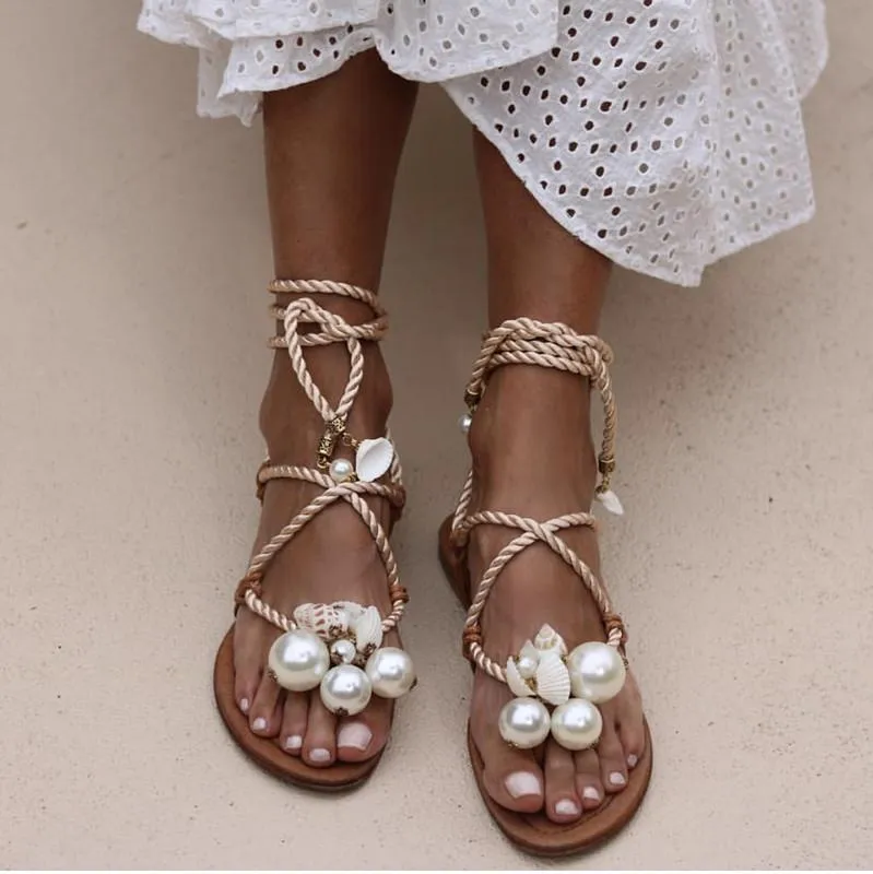 Fashion Summer Women Cross Lace Up Sandales avec perles talte