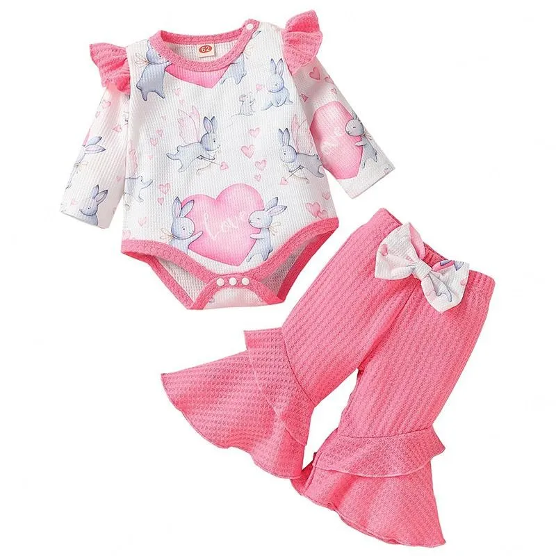 Kinderkleidungssets für Mädchen, Oster-Outfits, Kleinkind-Oberteile mit fliegenden Ärmeln und Hasen-Aufdruck + Schlaghosen, 2 Teile/Satz, Frühlings- und Herbstmode, Boutique-Babykleidung