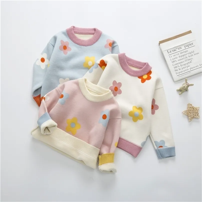 Herfst Winter Meisjes Bloemen Gebreide Trui Baby Kids Dikke Houd Warme Lange Mouwen Tops Toddler Kindertrui voor 211104