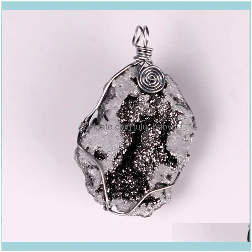 Chains 6 PCS Druzy Irregular Natural Stone Agates Geode Necklace Pendant Copper Wire Winding Healing Pendants For Women Jewelry