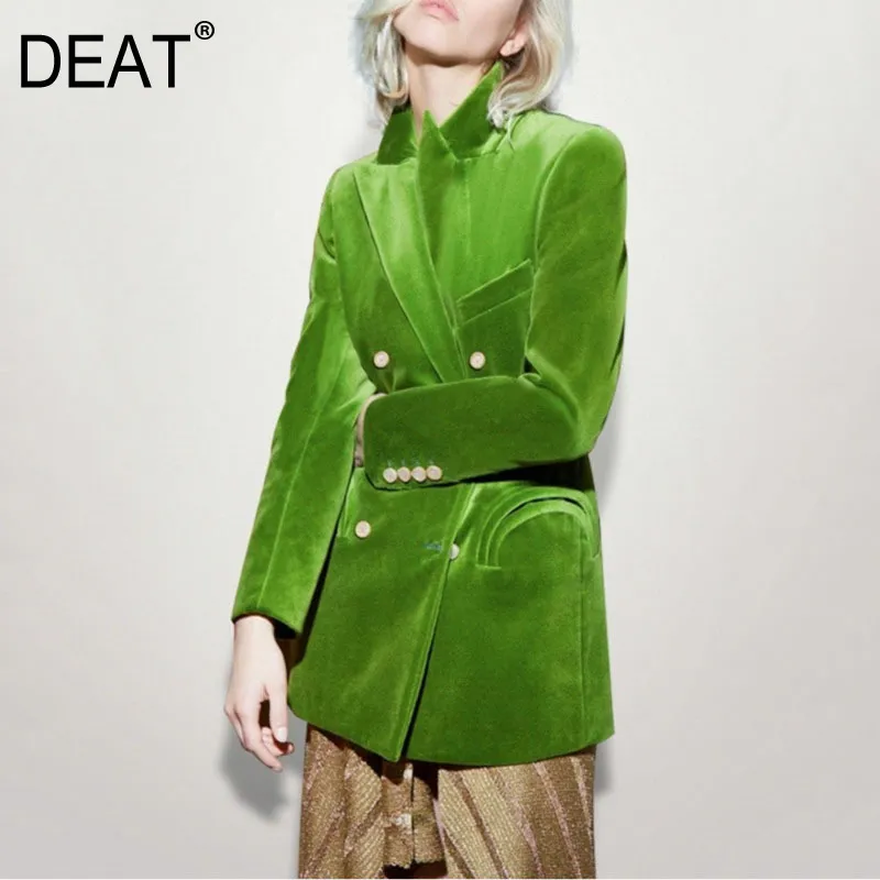 DEAT Femmes Vert Poches Double Boutonnage Blazer Nouveau Col Rabattu À Manches Longues Veste Lâche Mode Marée Été 7E1793 210428