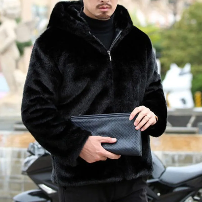 Men's Fur & Faux Autumn Winter Mens Mink Hooded Coat Short Black Plush Fluffy Male Plus Size Jackets Warm Overcoat Men